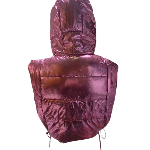 Metallic Pink Cropped Hooded Puffer Poncho, Ties On Sides Size Small - Picture 3 of 3